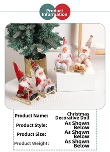 Detailed view of four Santa Claus figurines with sequined hats on wooden sleds