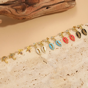 Vintage French Copper Zirconia Earrings Individual Shell Enamel Drop Earrings Small Umbrella Arrow Stud Earrings Women Jewelry