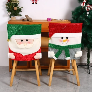 Christmas chair back covers with Santa and Snowman designs for festive dining table decor