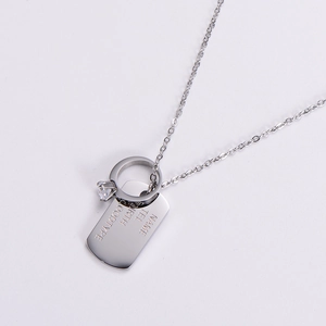 Silver stainless steel personalized ID tag necklace with sparkling rhinestone ring pendant