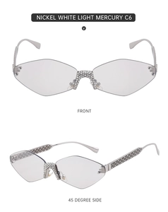 Front and 45-degree side view of rimless rhinestone sunglasses in nickel white light mercury
