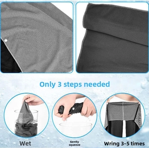 Three-step cooling guide for U-shaped hooded gym towel showing mesh fabric texture