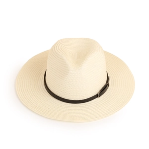 Detail view of woven straw fedora hat featuring a brown leather belt with metal buckle