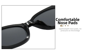 Detailed close-up of comfortable integrated nose pads on black retro cat-eye sunglasses
