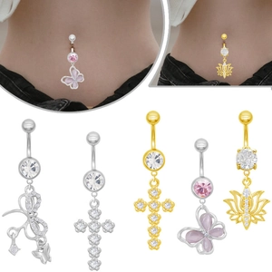 Piercings de nombril en acier inoxydable avec pendentifs croix et papillon ornés de zircons