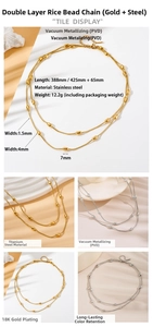 Detail view of double-layer stainless steel rice bead necklace with PVD gold plating finish