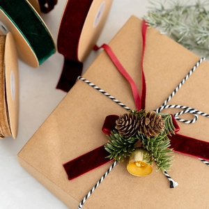 Christmas velvet ribbons in dark green and burgundy for gift wrapping and DIY crafts