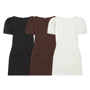 Women Short Sleeve Mini Dress Polyester Bubble Sleeve Round Neck With Pockets High Waist Casual Chic Slim Fit
