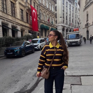 Fall striped polo knit sweater with long sleeves in navy blue and yellow stripes