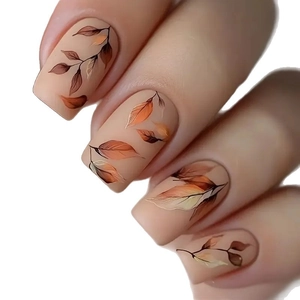 Matte nude pink press-on nails featuring detailed autumn leaf patterns for women