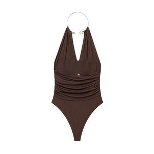 Body dos nu marron chocolat sexy avec anneau métallique et col en V plissé