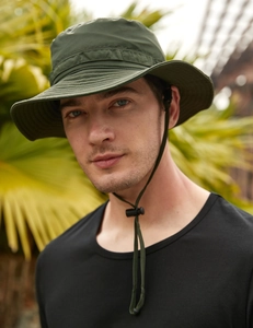 Detail of army green outdoor sun hat with adjustable drawstring and waterproof fabric