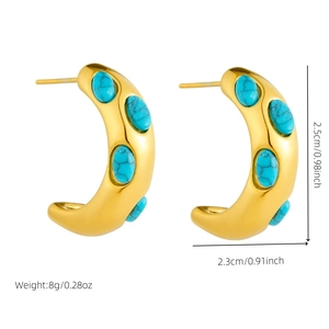 Vintage C-shaped golden earrings with inlaid turquoise stones and size specifications