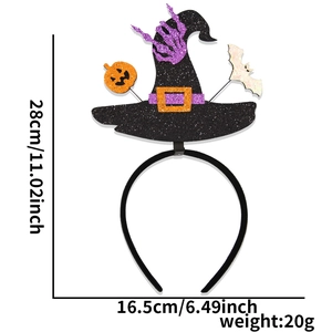 Detail view of Halloween witch hat headband showing size measurements of 28cm and 16.5cm