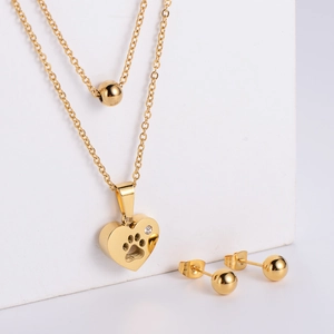 Collier Double Couche Et Boucles D'oreilles Puces Acier Inoxydable Pendentif Coeur Patte Strass Femme Bijoux Collection