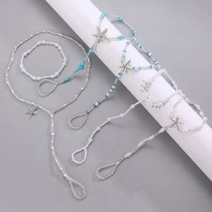 Bohemian starfish and pearl elastic anklet set with blue crystal heart charms
