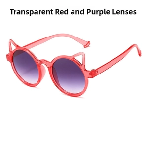 Detail view of cat-ear children's sunglasses with transparent red frames and purple lenses