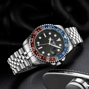 Detail of GMT luxury watch featuring blue-red bezel and stainless steel Jubilee band