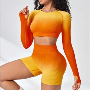 Women Seamless Ribbed Yoga Top And Bottom Gradient Long Sleeve Open Back Gym Fitness Workout Outfit Nylon Spandex Activewear
