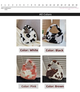 Detail showing plush cow print shoulder bags in white, black, pink, and brown textures