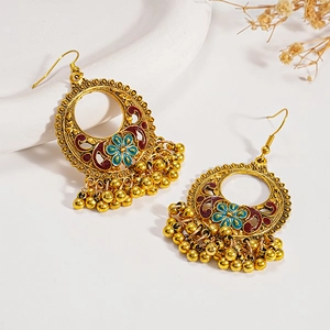 Vintage bohemian gold alloy earrings with blue floral enamel and tassel charms