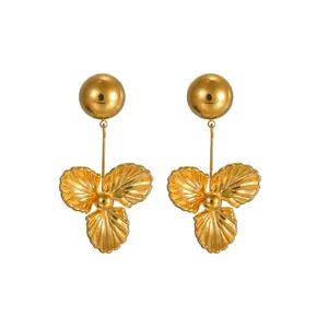 18K Gold Plated Stainless Steel Three Petal Flower Drop Earrings Elegant Floral Dangle Stud Earrings For Women Jewelry