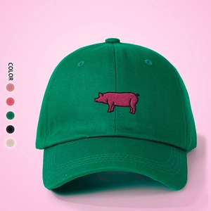 Adjustable green baseball cap with pink pig embroidery and multi-color options selection
