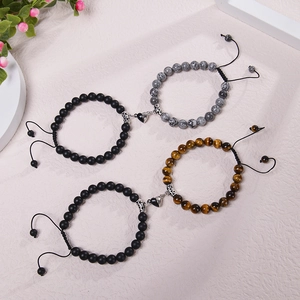 Magnetic heart bracelets for couples with natural stone beads and adjustable black cord