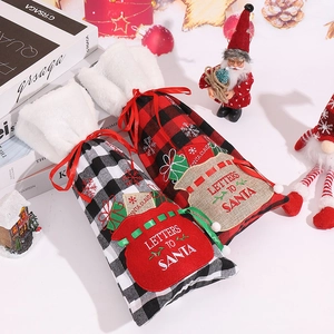 Red and black buffalo plaid Christmas wine bottle bags with Santa letter embroidery