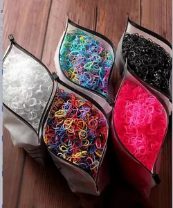 Five packs of colorful elastic hair bands in assorted shades and matte zipper bags