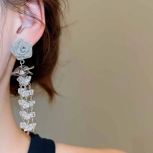 Close-up of silver rose stud earrings with long crystal tassels on a female model