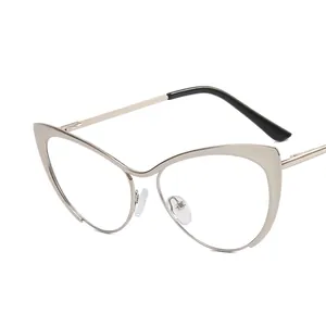 Silver cat-eye metal eyeglasses frame with anti-blue light clear lenses for women