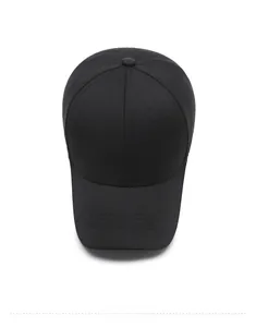 Top view of black cotton baseball cap with silver metal R letter decoration detail