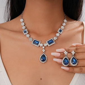 Collana E Orecchini Reali Eleganti Goccia d'Acqua Quadrato Pietra Blu Strass Con Perno In Argento Per Donna Matrimonio
