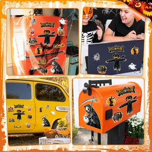 Magnetic Halloween gnome and skeleton decals applied on fridge and car for festive decor