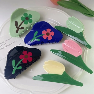 Acetate Tulip Flower Hair Claw Clips Vintage Contrast Color Floral Hair Clamps Large Shark Clip Headwear For Women