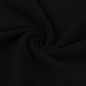 Close-up of black ribbed knit fabric showing the detailed vertical striped texture