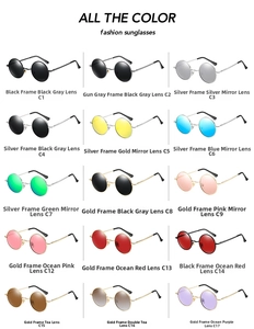 Grid display of vintage round sunglasses with various metallic frames and colorful lenses