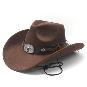 Cappello da cowboy in camoscio marrone scuro con fibbia a testa di toro e dettagli turchesi