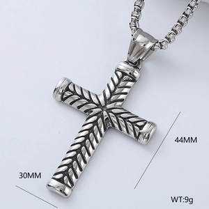 Vintage stainless steel cross necklace for men with texture details and dimensions