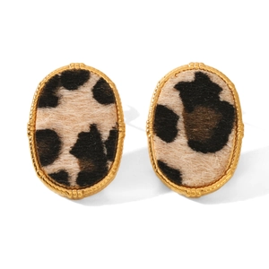 Oval stainless steel leopard print earrings with gold metal frame in a pair