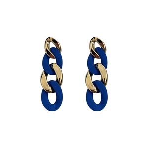 Klein blue and gold geometric chain link earrings with minimalist interlocking circle design