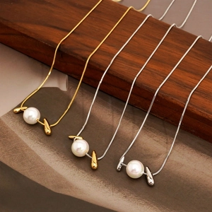Elegant stainless steel necklaces with pearl pendants in gold and silver finishes