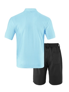 Detail view of men's blue textured polo shirt and black mesh sports shorts set
