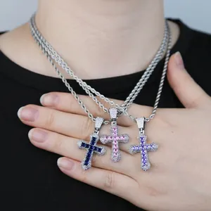 Hip hop cross necklaces with blue, pink, and purple zircon stones on silver rope chains