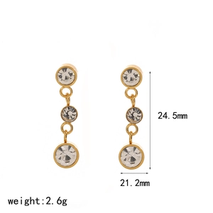 Elegant gold stainless steel earrings with sparkling round crystals measuring 24.5mm