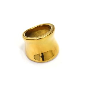 Polished gold stainless steel wide band ring with a glossy finish on white background