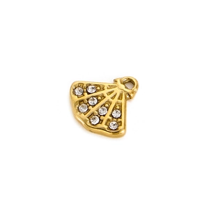 Detail of fan-shaped golden pendant featuring radiant rhinestones for jewelry making
