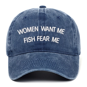 Front view of retro washed denim baseball cap with funny fishing embroidery detail
