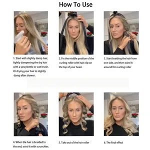 6-step tutorial for using a black heatless hair curler set with claw clip and scrunchies
